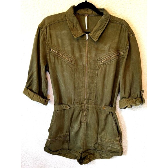 Free People Pants - FREE PEOPLE Size 4 Isla Jumper Olive Green Romper Utility Zippers Military